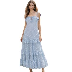 Lulu’s Powder Blue Swiss Dot Tiered Chiffon Maxi Dress Tassel Tie Sz M